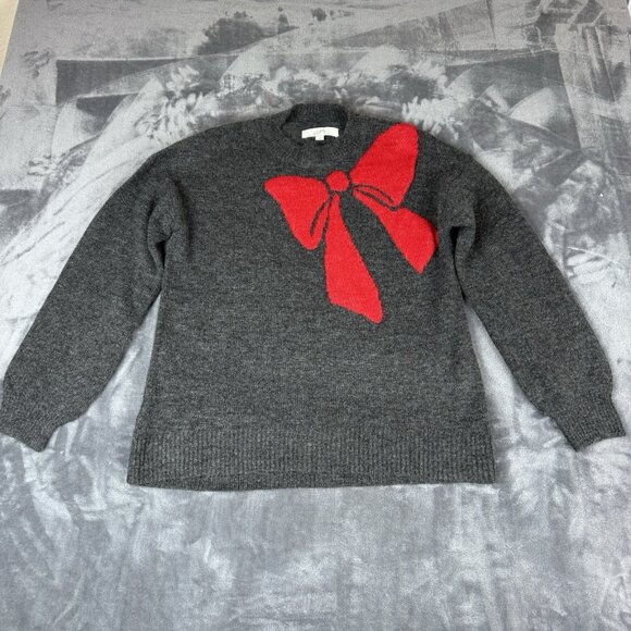Loft WomensMock Neck Sweater Size S Wool Blend Christmas Holiday Red Bow Gray - Picture 1 of 8